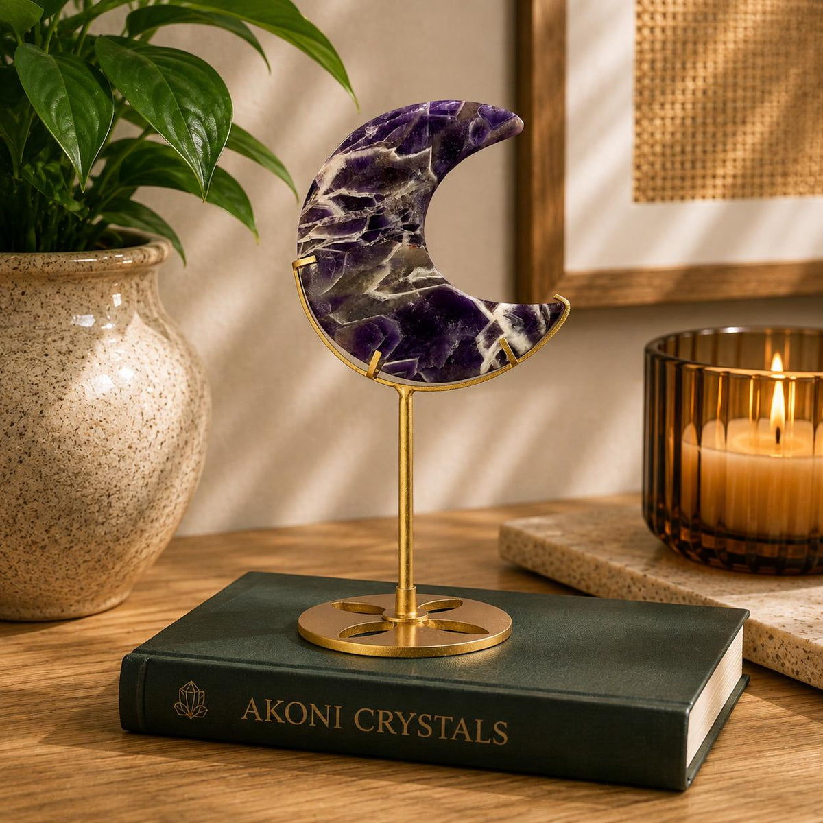 Dream Amethyst Crescent Moon on Gold Metal Stand