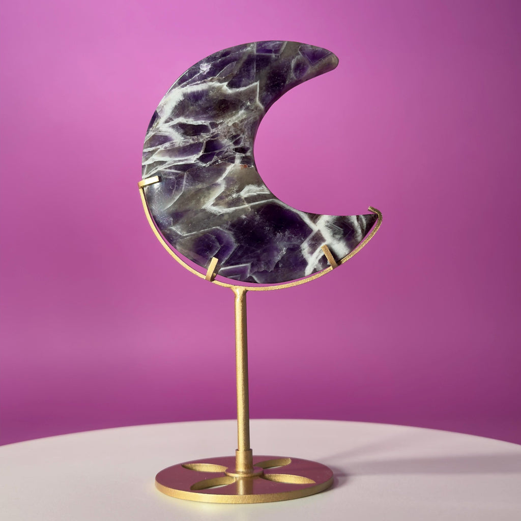 Dream Amethyst Crescent Moon on Gold Metal Stand