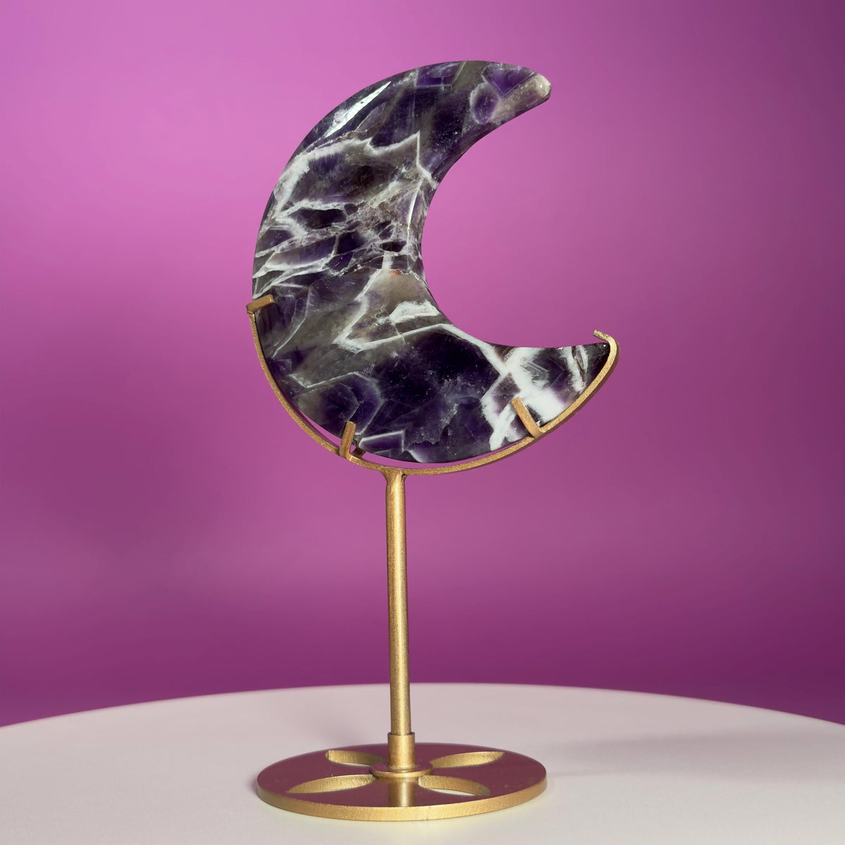 Dream Amethyst Crescent Moon on Gold Metal Stand