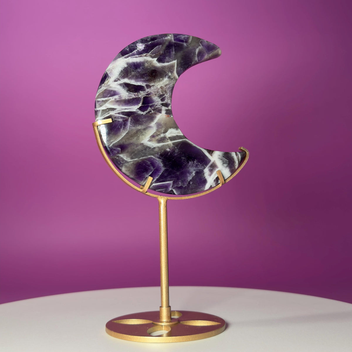 Dream Amethyst Crescent Moon on Gold Metal Stand