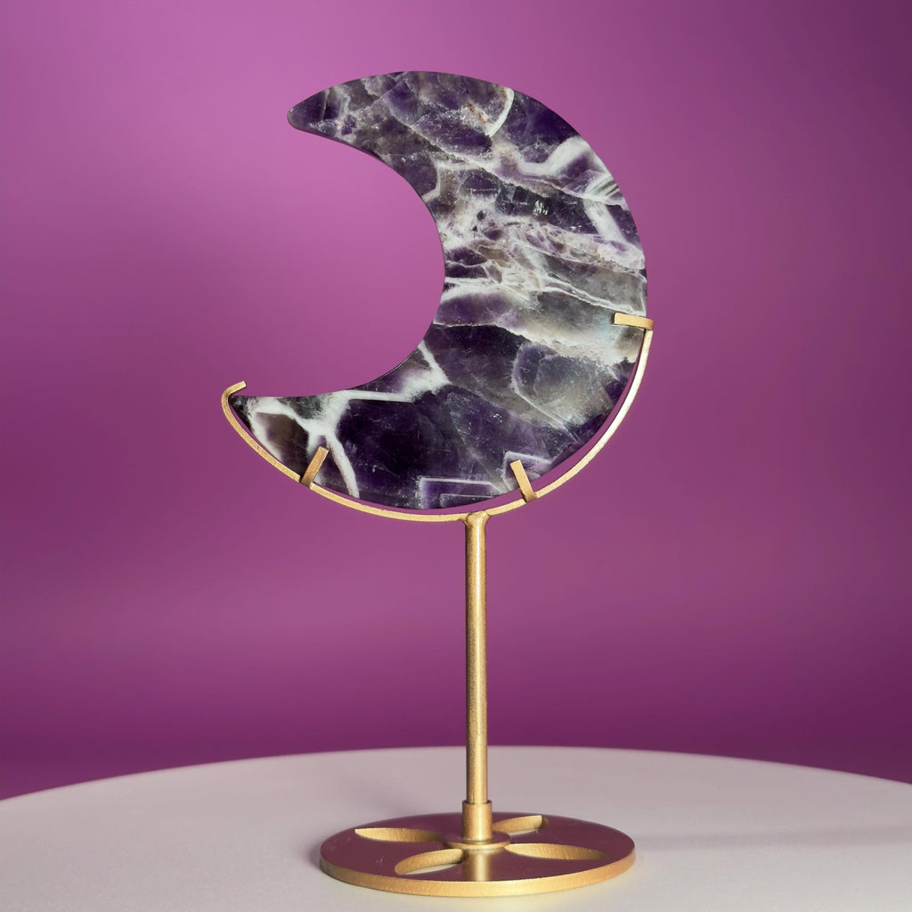 Dream Amethyst Crescent Moon on Gold Metal Stand