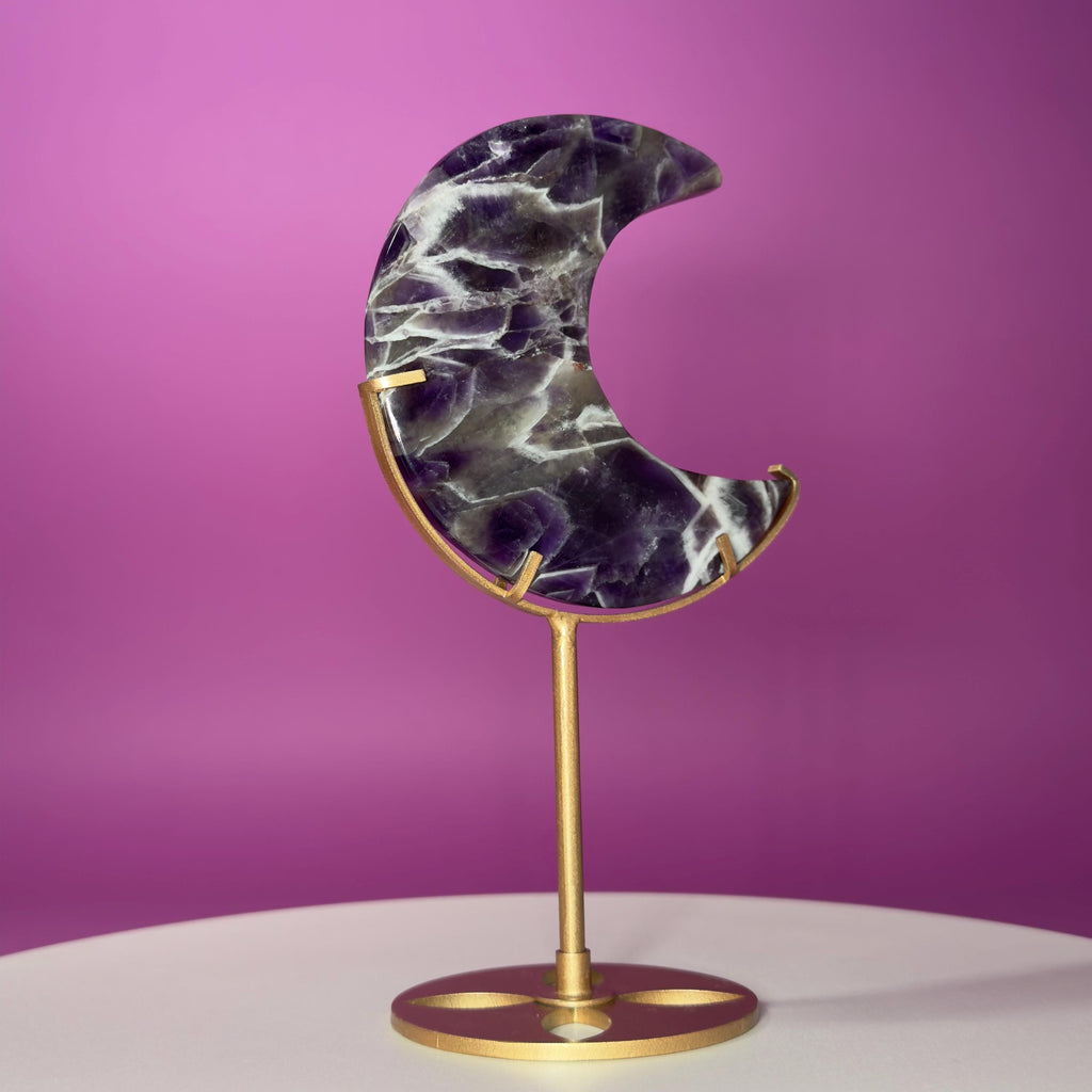 Dream Amethyst Crescent Moon on Gold Metal Stand