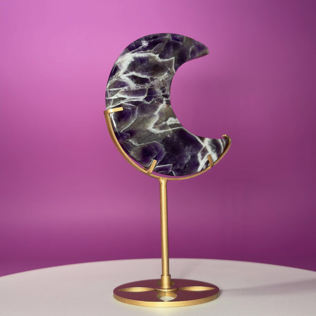 Dream Amethyst Crescent Moon on Gold Metal Stand