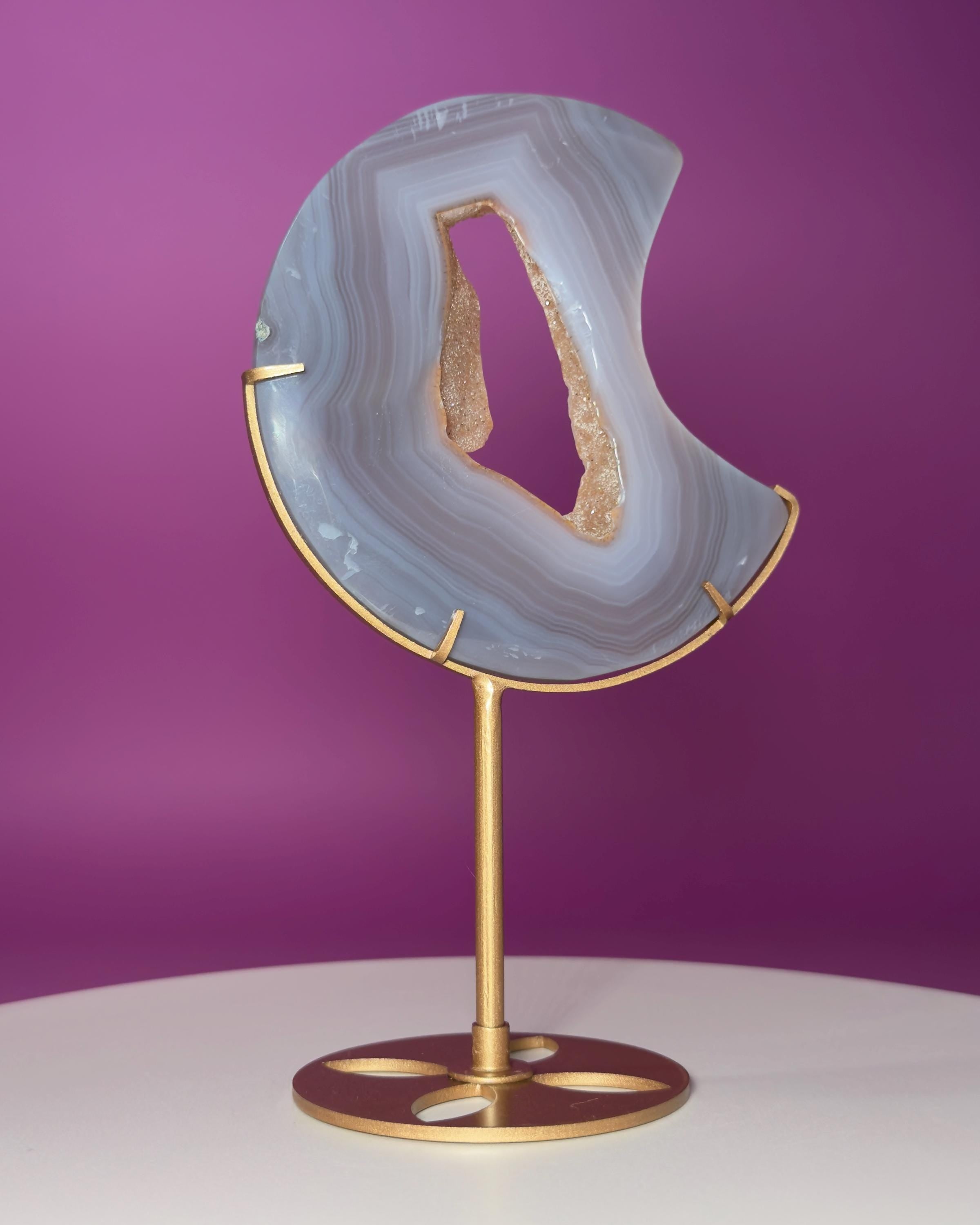 Agate Moon with Natural Drusy Portal on Gold Metal Stand
