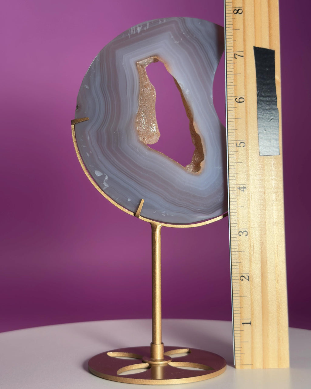 Agate Moon with Natural Drusy Portal on Gold Metal Stand