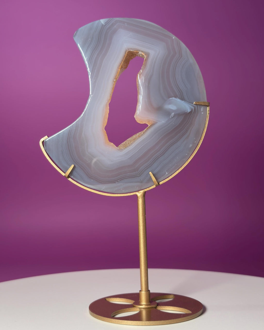 Agate Moon with Natural Drusy Portal on Gold Metal Stand
