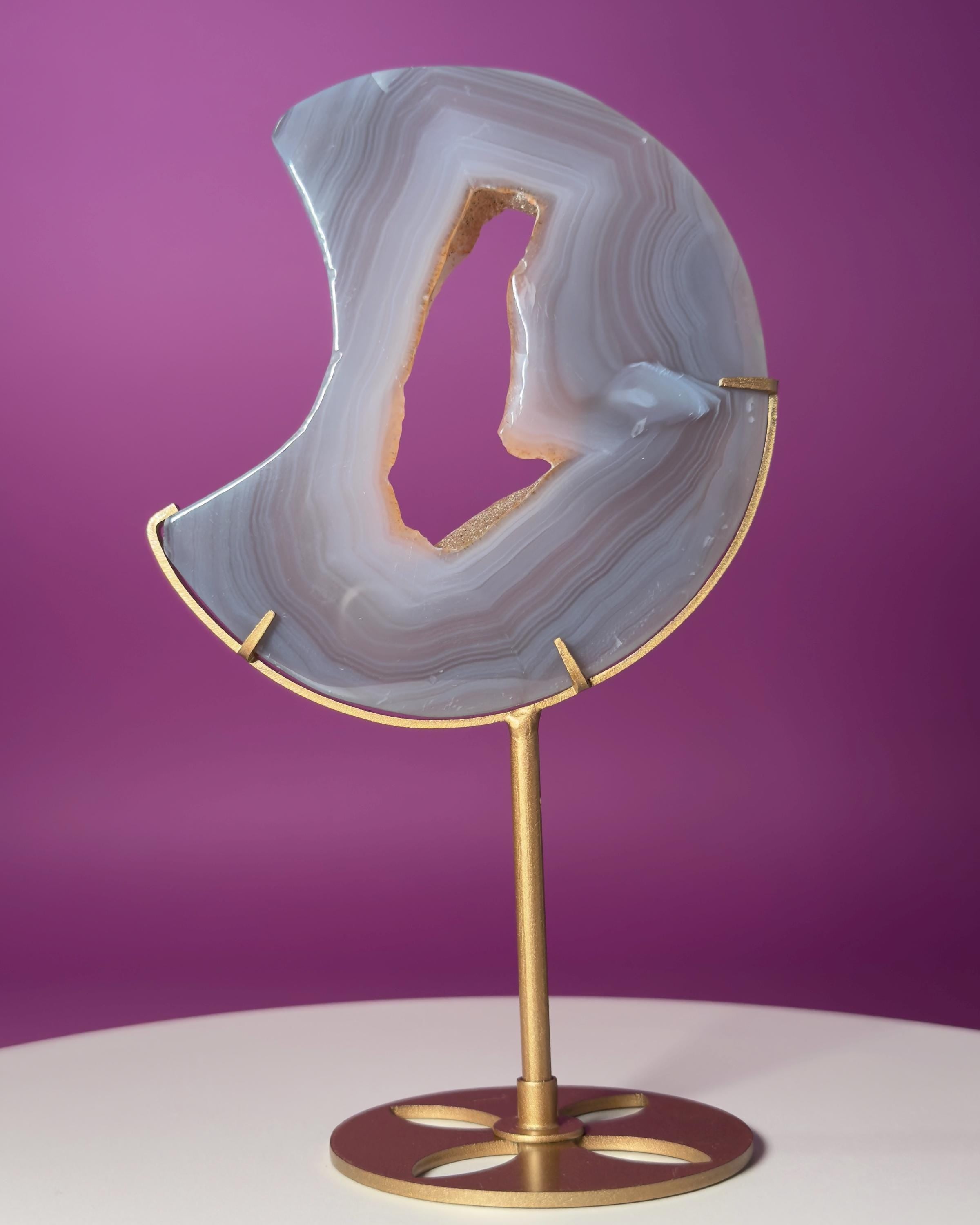 Agate Moon with Natural Drusy Portal on Gold Metal Stand