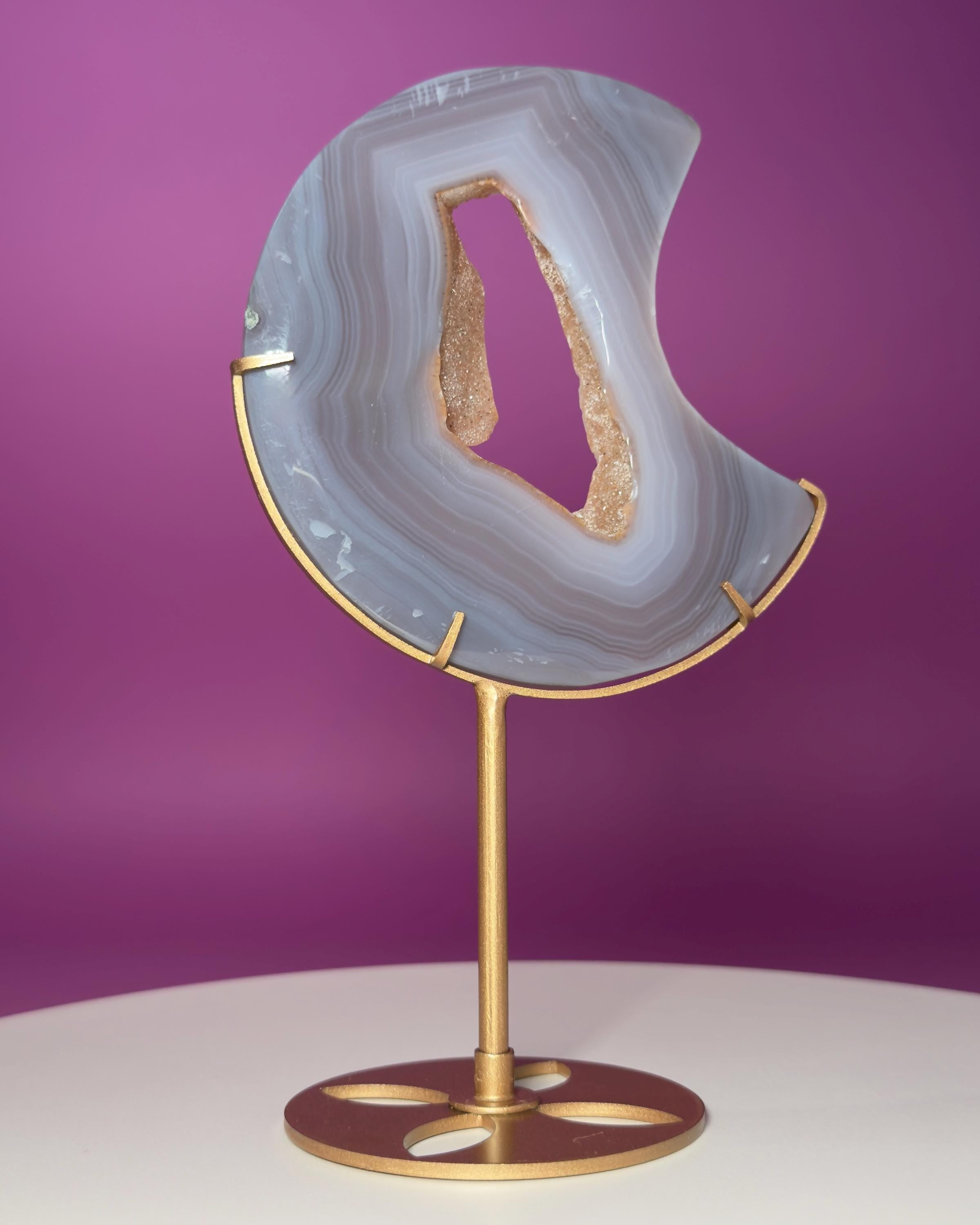 Agate Moon with Natural Drusy Portal on Gold Metal Stand