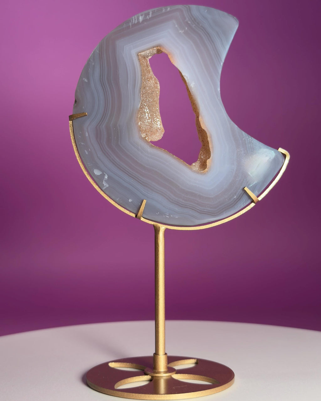 Agate Moon with Natural Drusy Portal on Gold Metal Stand