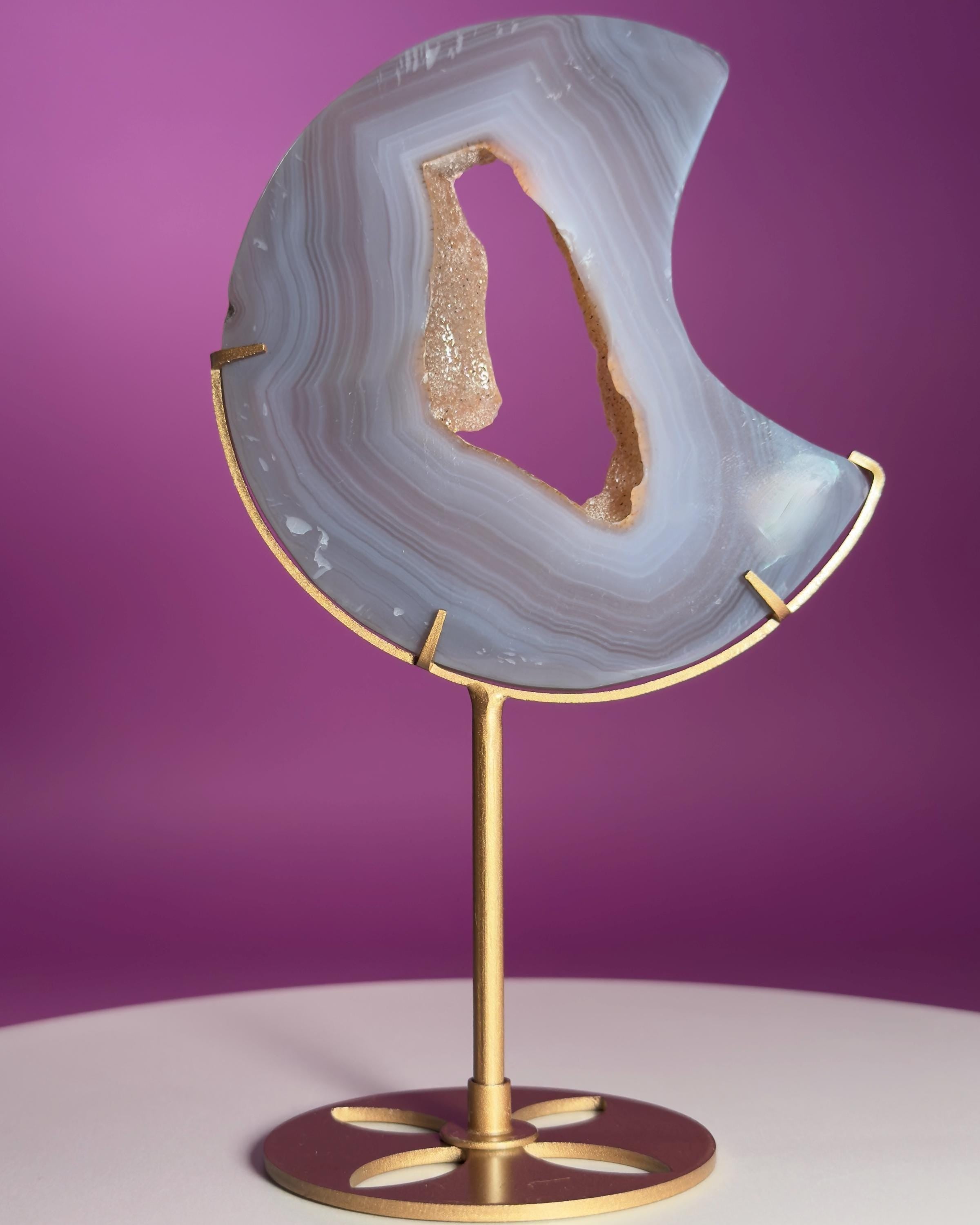 Agate Moon with Natural Drusy Portal on Gold Metal Stand