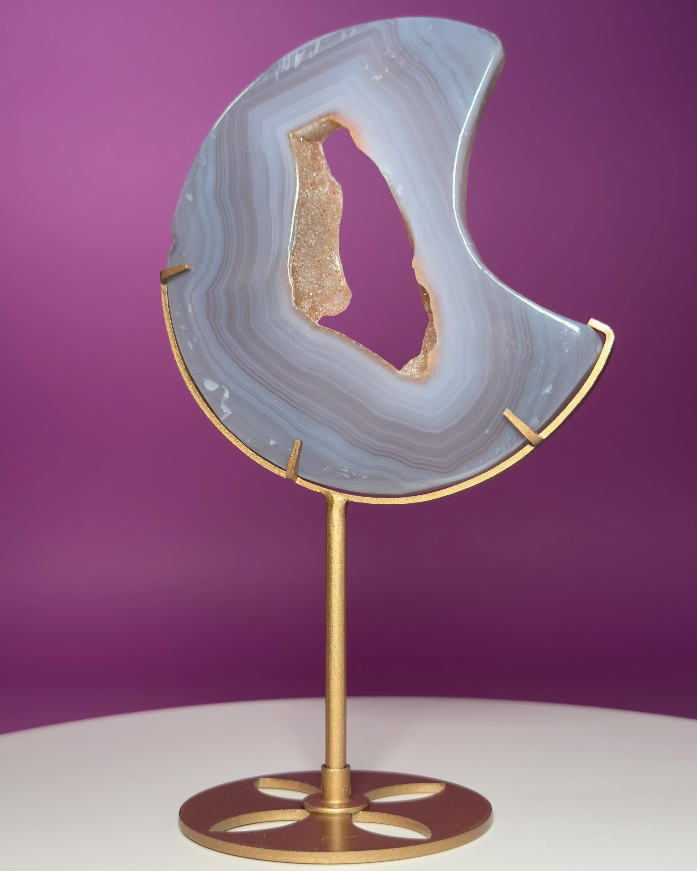 Agate Moon with Natural Drusy Portal on Gold Metal Stand