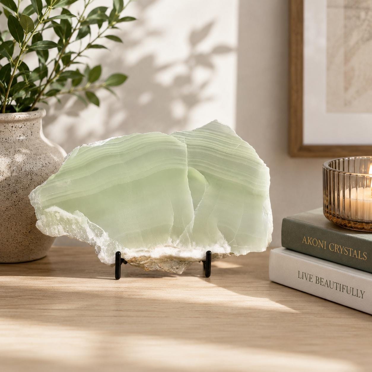 Green Calcite Slab from Mexico | UV Reactive Crystal Display | With Metal Stand