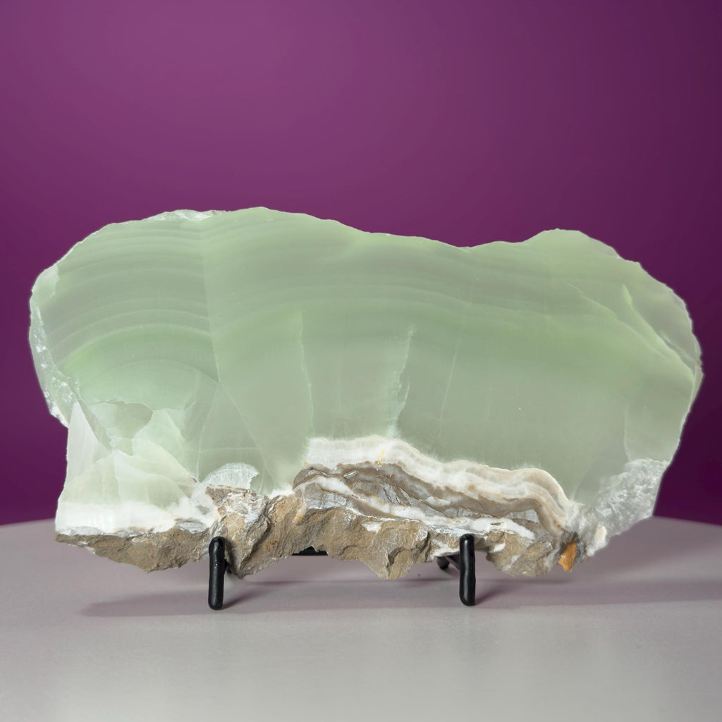 Green Calcite Slab from Mexico | UV Reactive Crystal Display | With Metal Stand