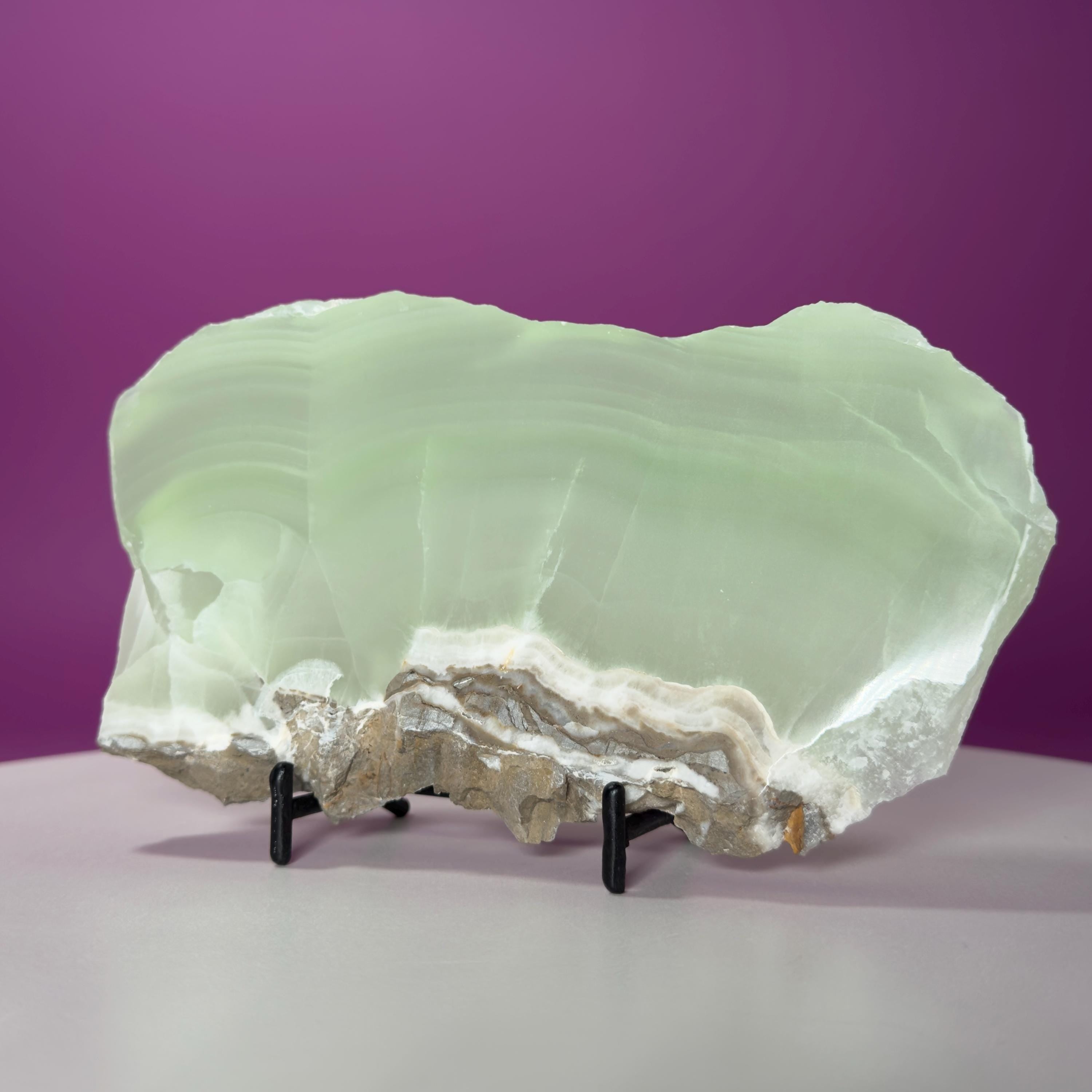 Green Calcite Slab from Mexico | UV Reactive Crystal Display | With Metal Stand