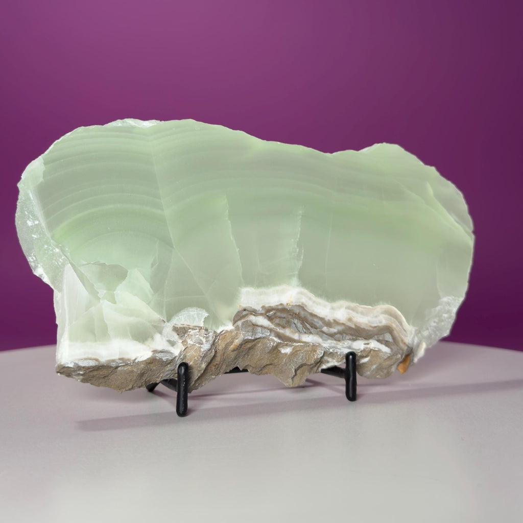 Green Calcite Slab from Mexico | UV Reactive Crystal Display | With Metal Stand
