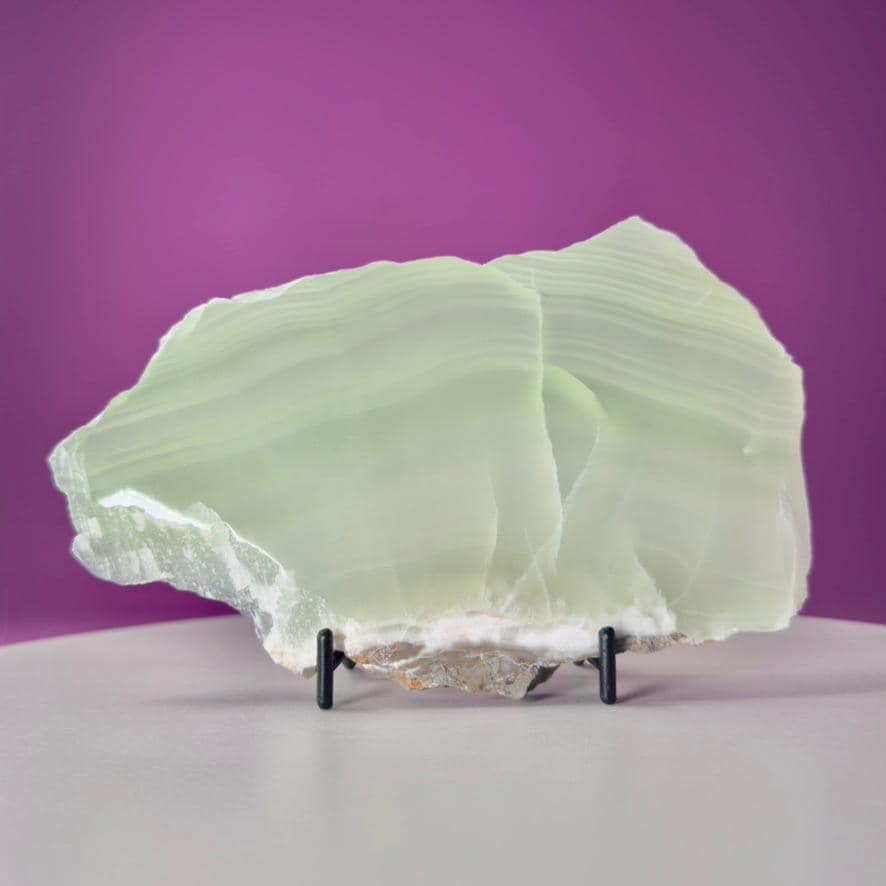 Green Calcite Slab from Mexico | UV Reactive Crystal Display | With Metal Stand