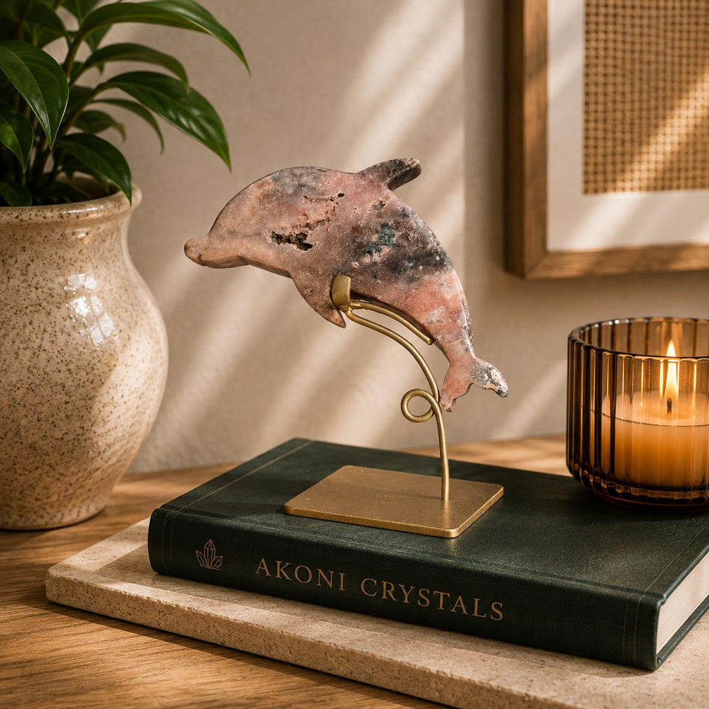 Pink Amethyst Dolphin on Gold Stand with Druzy Crystal from Brazil