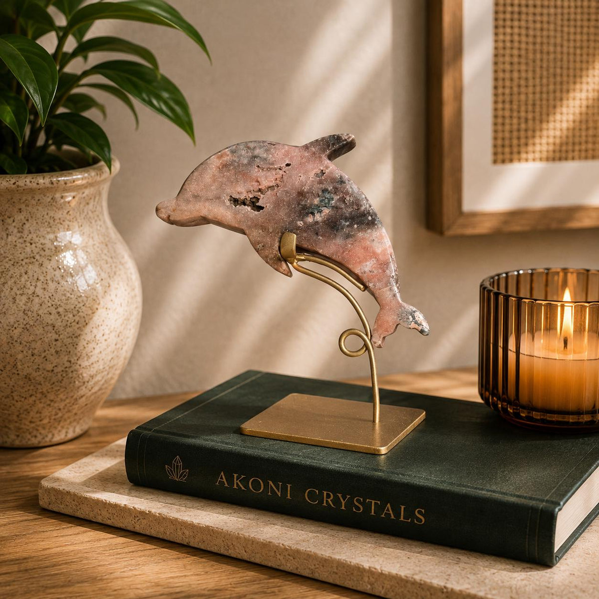 Pink Amethyst Dolphin on Gold Stand with Druzy Crystal from Brazil