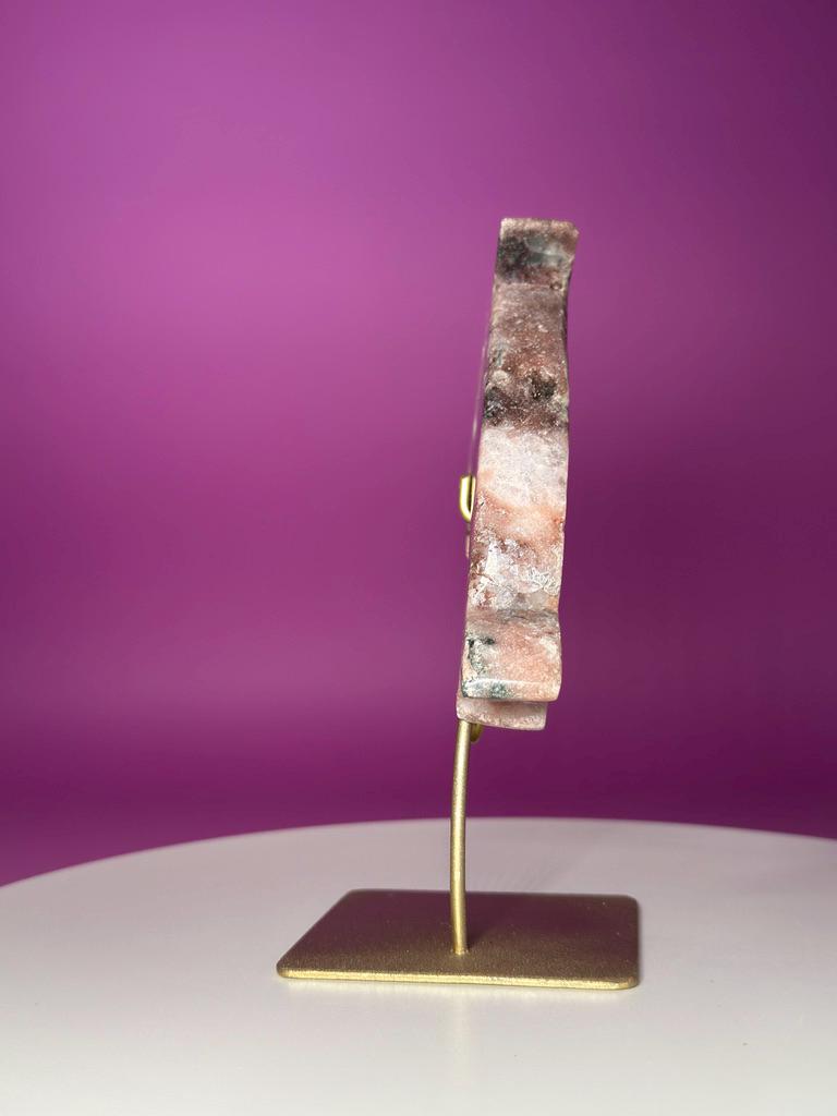 Pink Amethyst Dolphin on Gold Stand with Druzy Crystal from Brazil