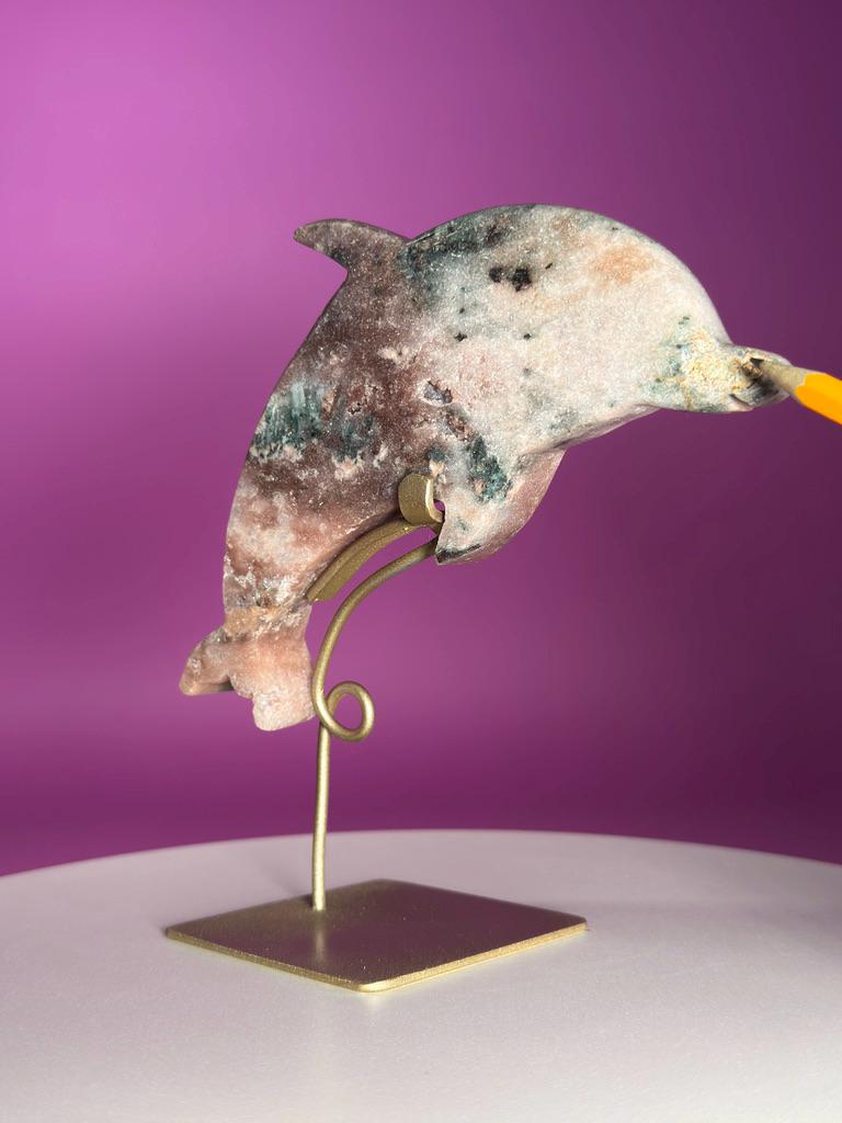 Pink Amethyst Dolphin on Gold Stand with Druzy Crystal from Brazil
