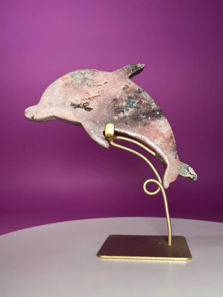 Pink Amethyst Dolphin on Gold Stand with Druzy Crystal from Brazil