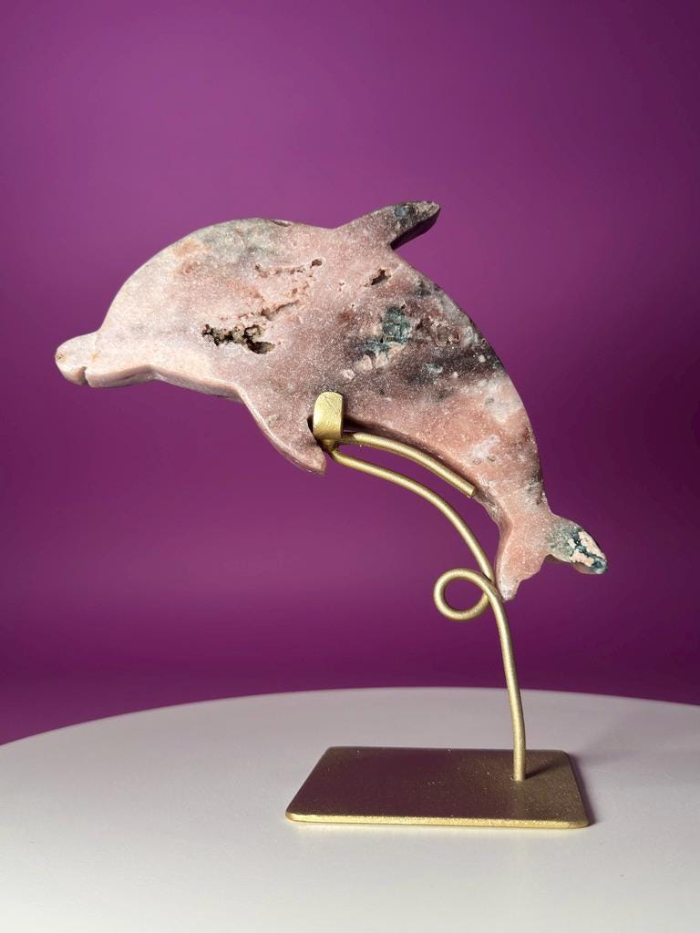Pink Amethyst Dolphin on Gold Stand with Druzy Crystal from Brazil
