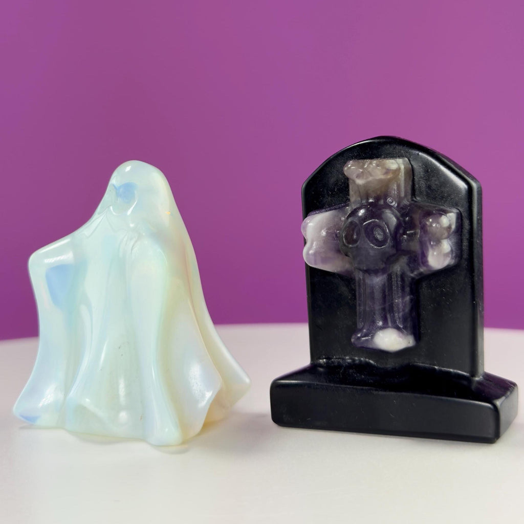 Opalite Ghost & Obsidian Headstone with Amethyst Skull Cross Set