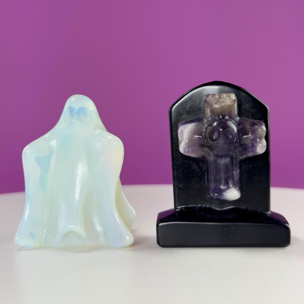 Opalite Ghost & Obsidian Headstone with Amethyst Skull Cross Set