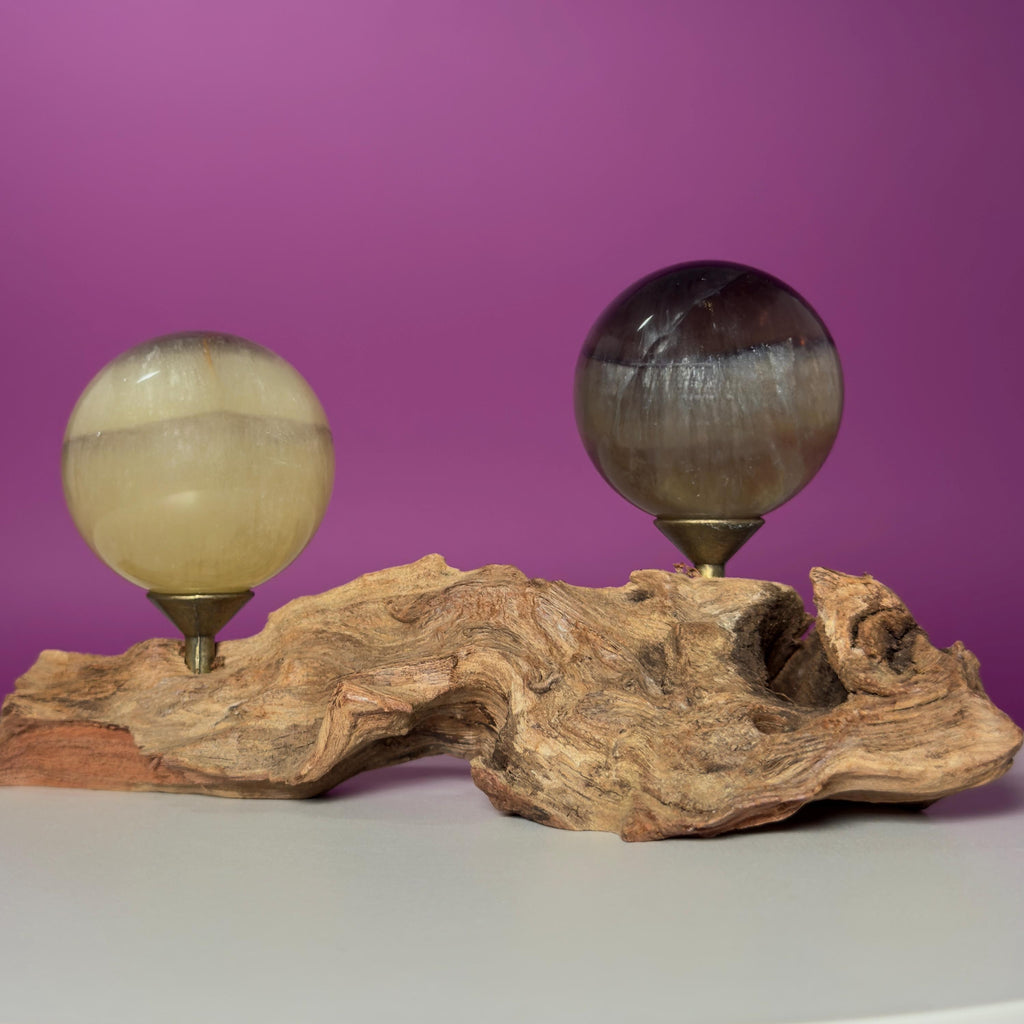 Phantom Fluorite Spheres | UV Reactive Pair | Root Stand | 423g