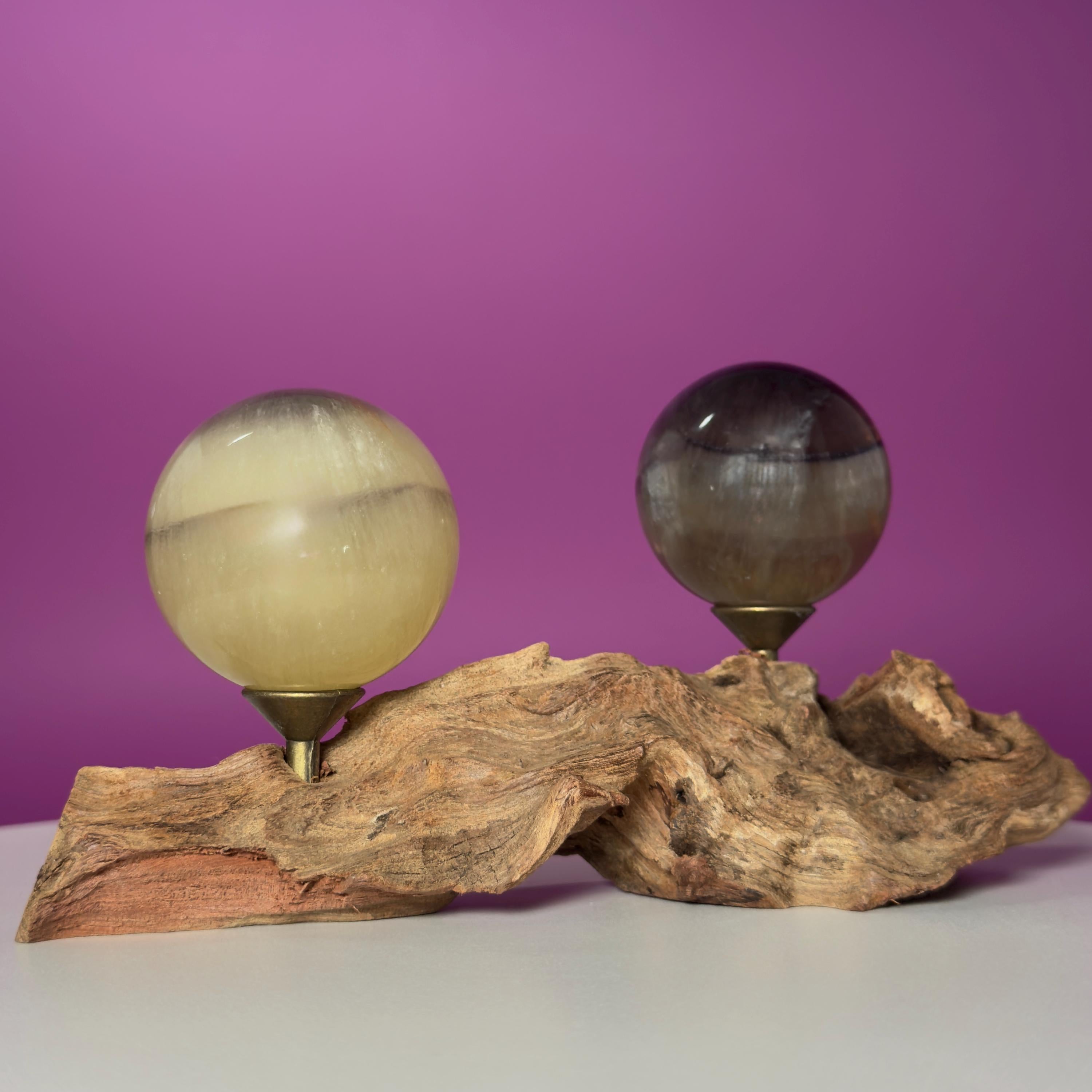 Phantom Fluorite Spheres | UV Reactive Pair | Root Stand | 423g