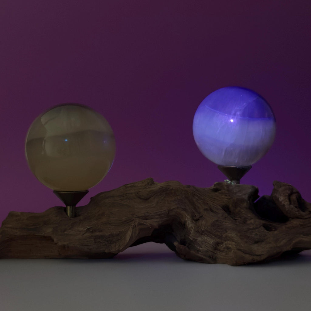 Phantom Fluorite Spheres | UV Reactive Pair | Root Stand | 423g