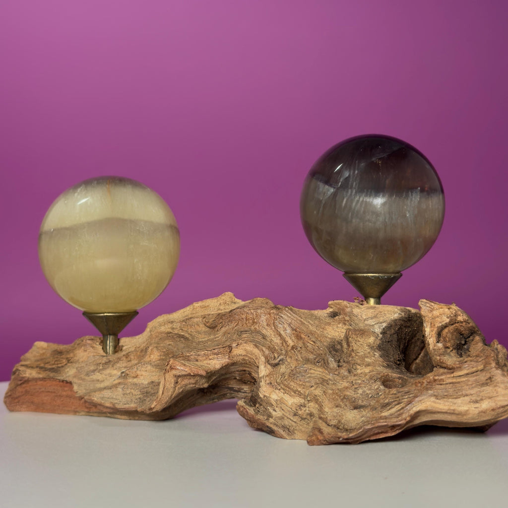 Phantom Fluorite Spheres | UV Reactive Pair | Root Stand | 423g