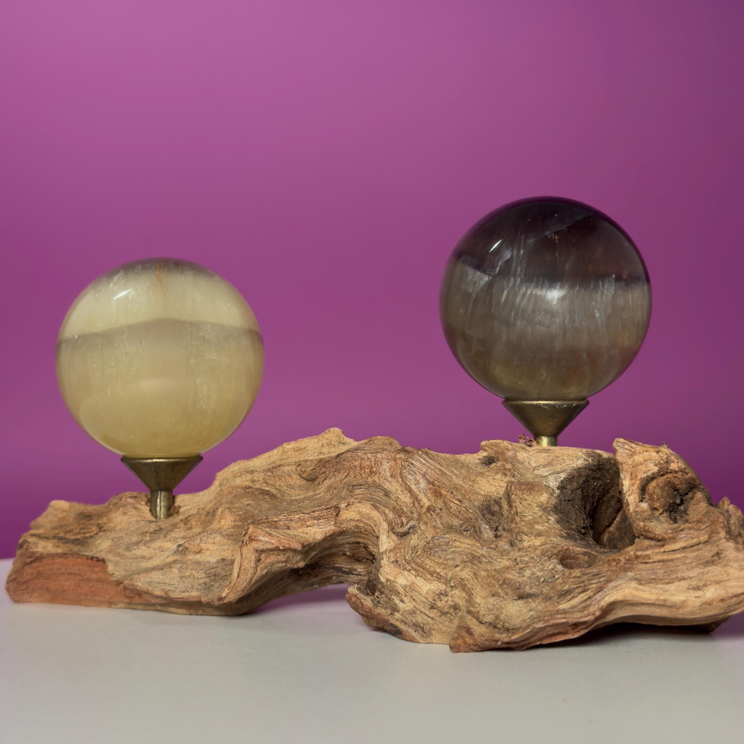 Phantom Fluorite Spheres | UV Reactive Pair | Root Stand | 423g