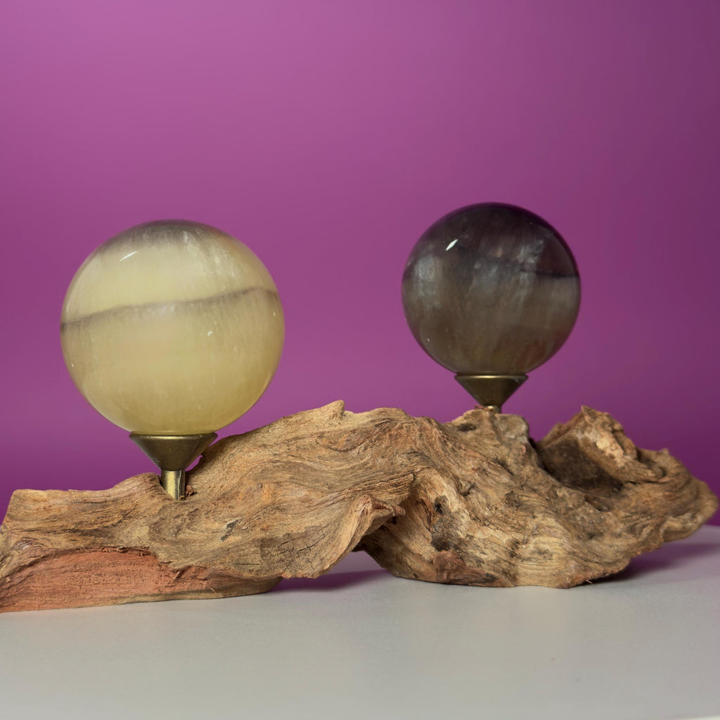 Phantom Fluorite Spheres | UV Reactive Pair | Root Stand | 423g