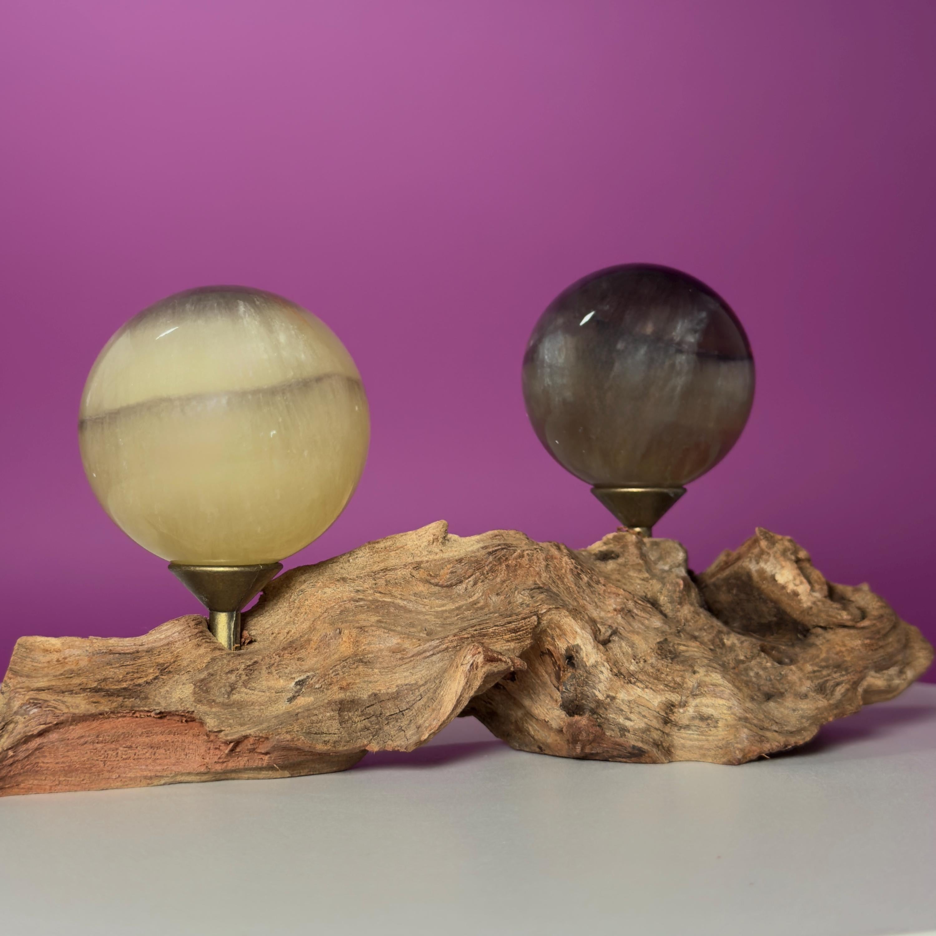 Phantom Fluorite Spheres | UV Reactive Pair | Root Stand | 423g