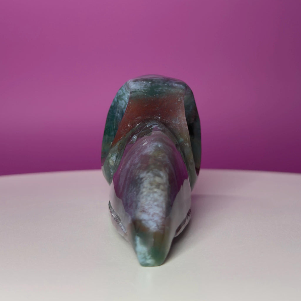 Moss Agate Raven Skull Carving – 358g
