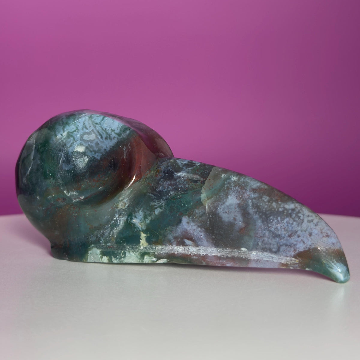 Moss Agate Raven Skull Carving – 358g