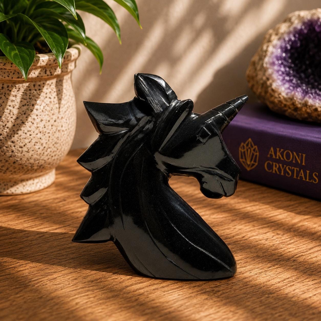 Black Obsidian Unicorn Carving – Polished Crystal Figurine