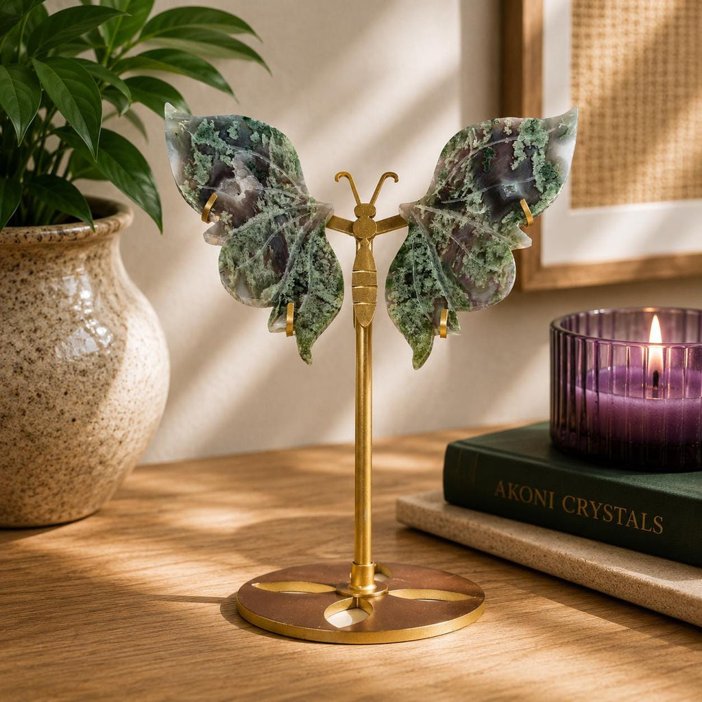 Moss Agate Butterfly Wings on Gold Stand