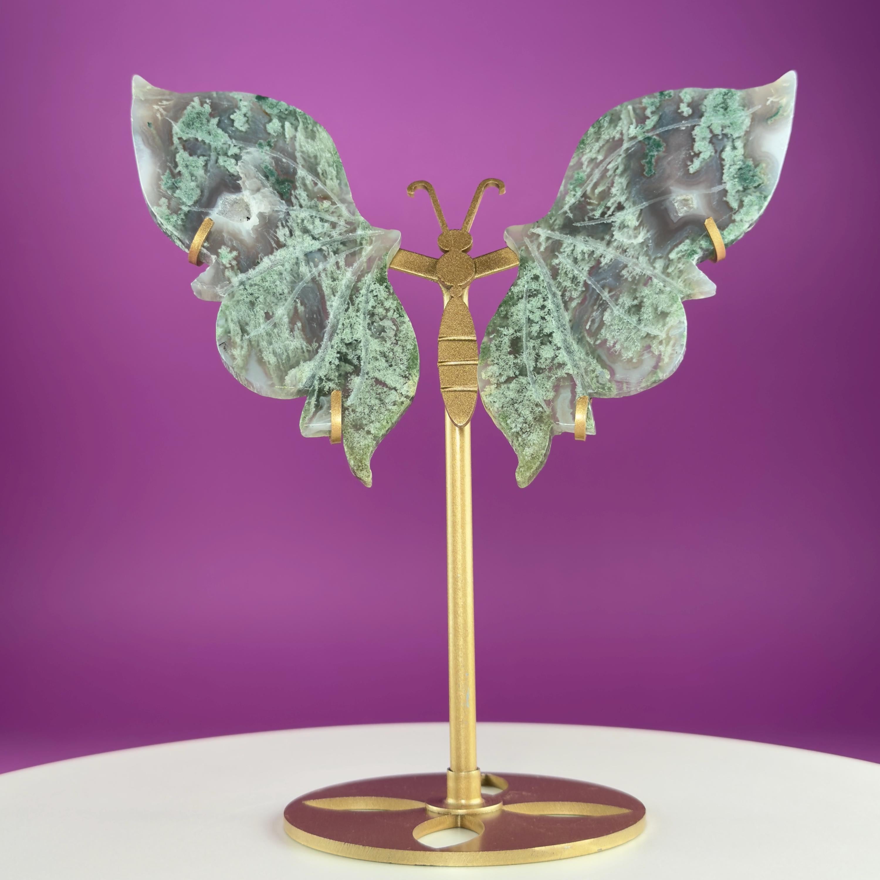 Moss Agate Butterfly Wings on Gold Stand