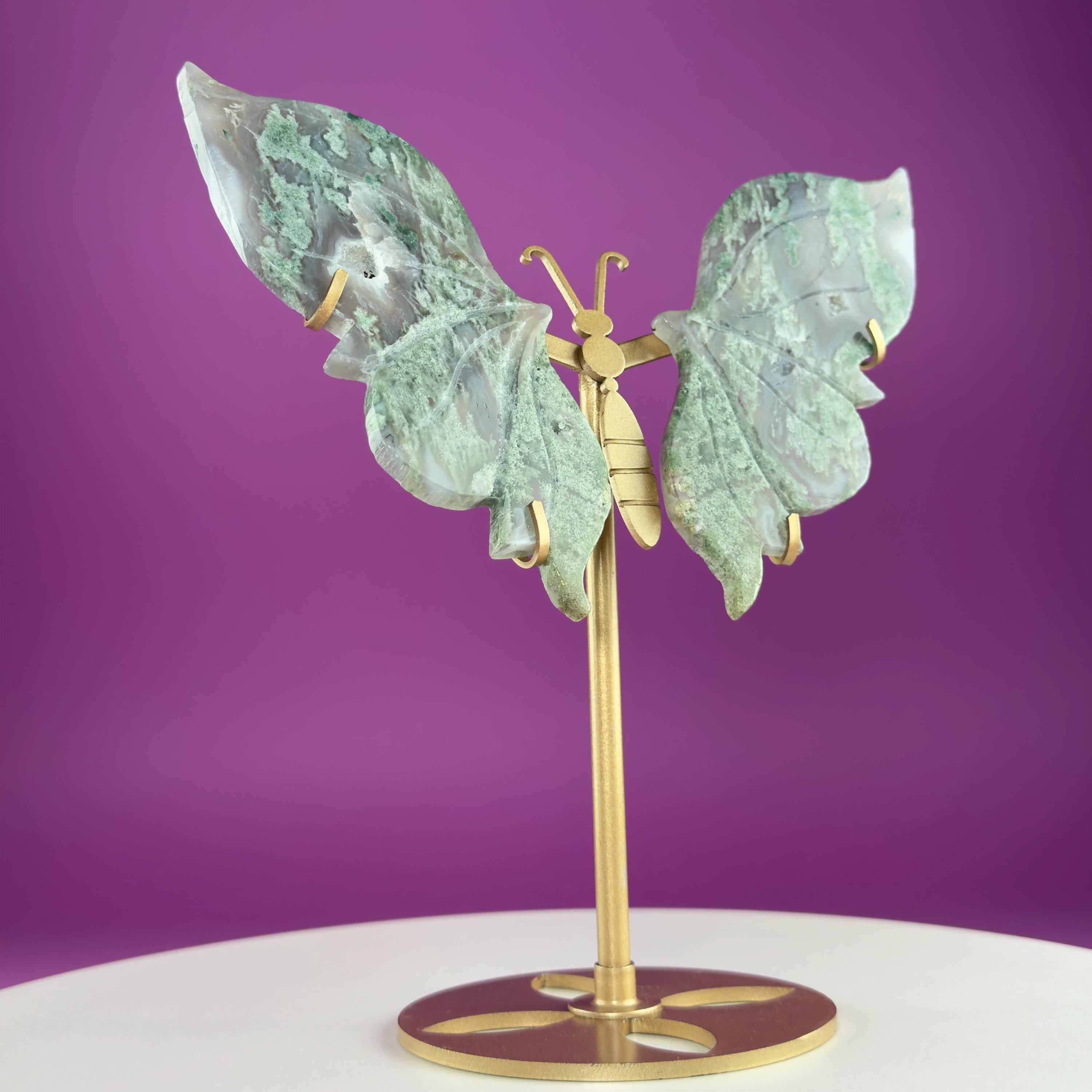 Moss Agate Butterfly Wings on Gold Stand