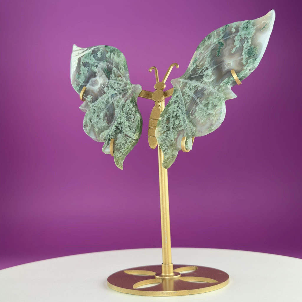 Moss Agate Butterfly Wings on Gold Stand