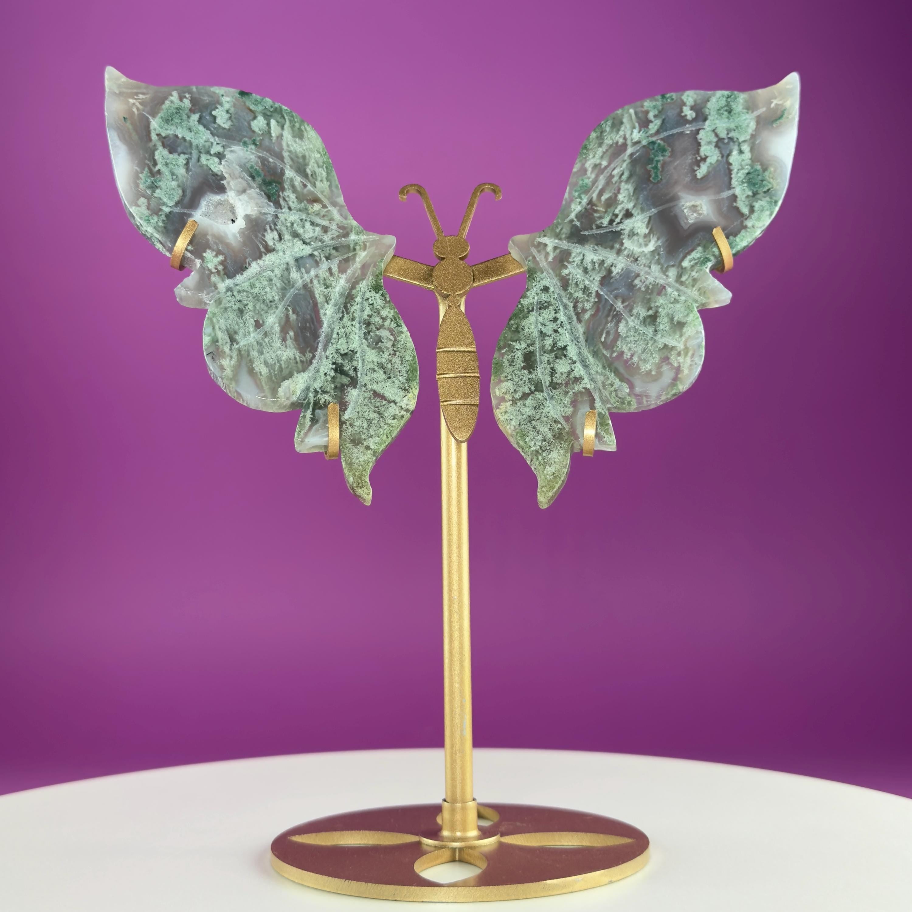 Moss Agate Butterfly Wings on Gold Stand