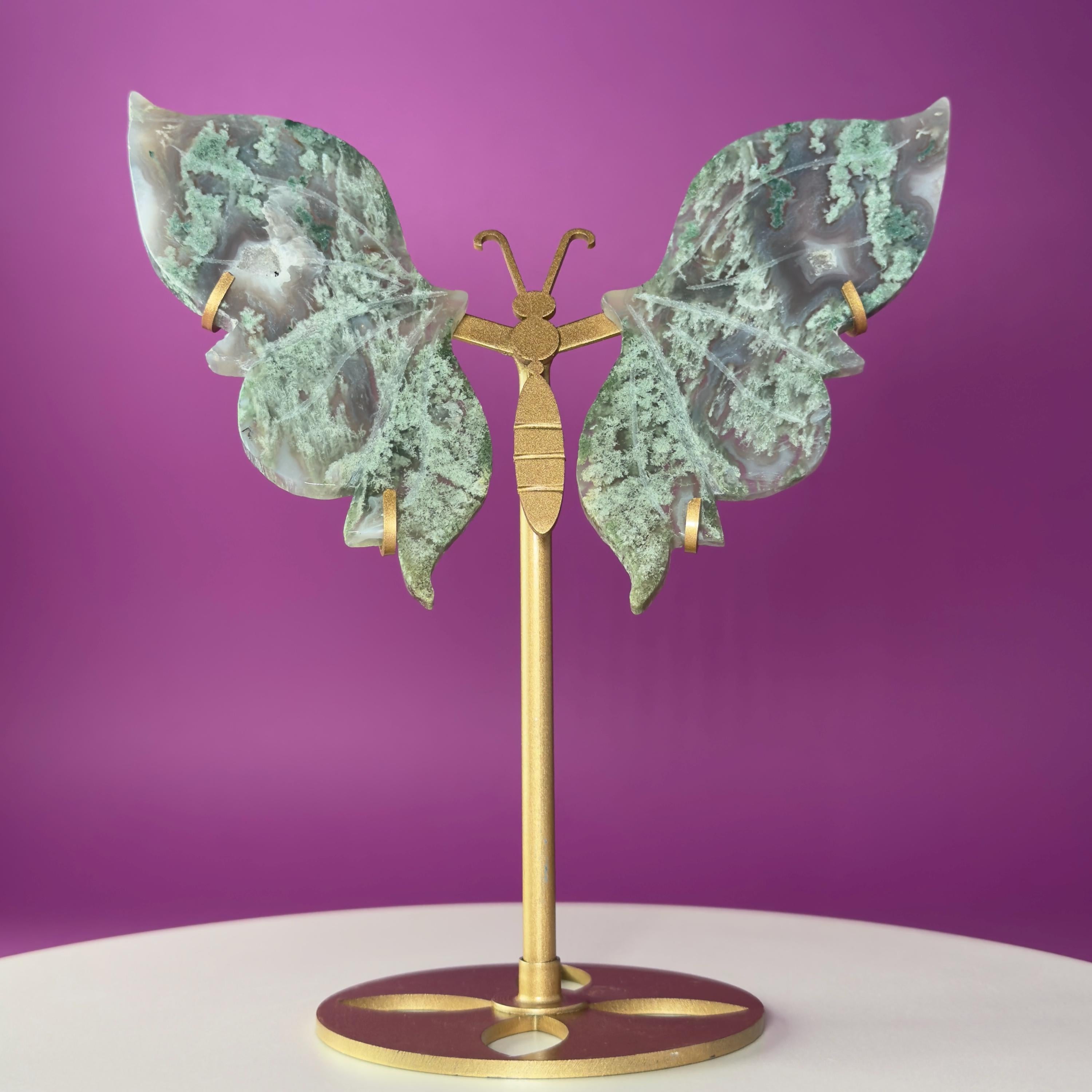 Moss Agate Butterfly Wings on Gold Stand