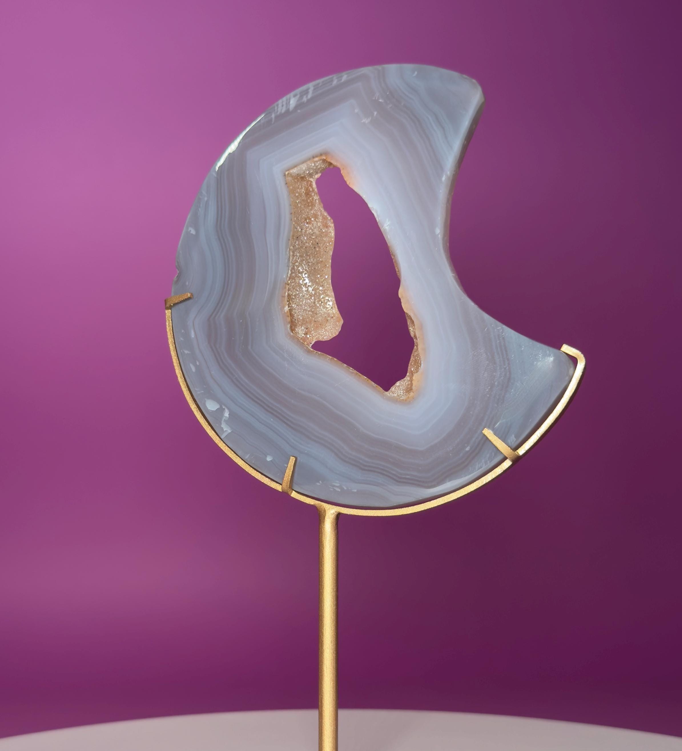 Agate Moon with Natural Drusy Portal on Gold Metal Stand