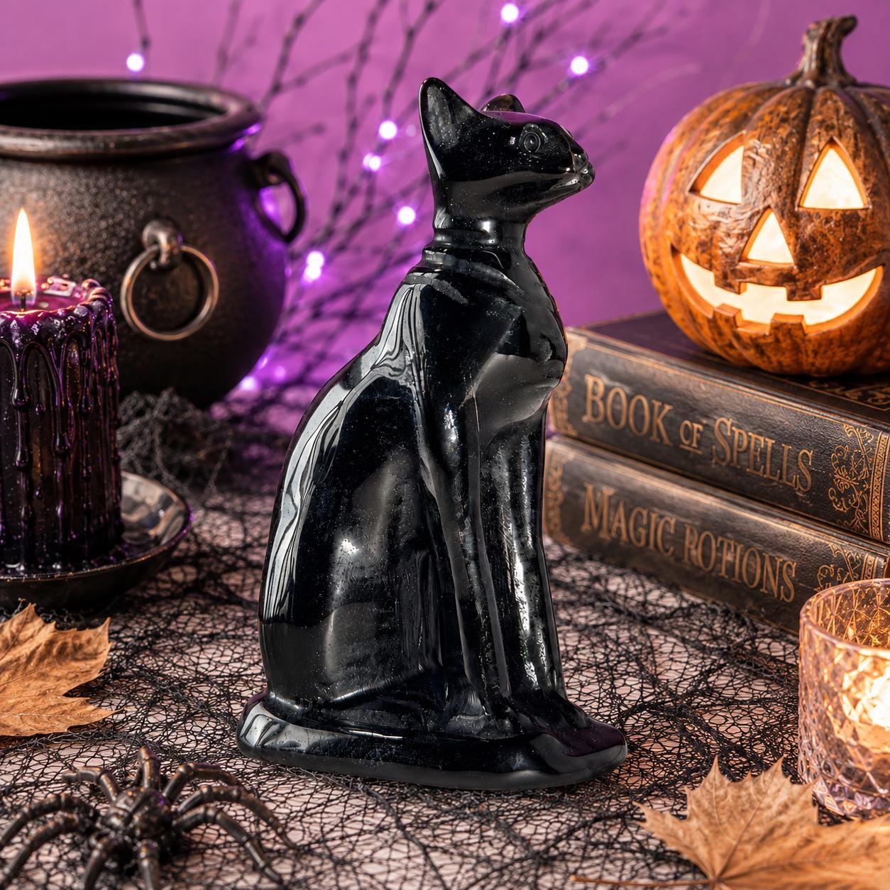 Obsidian Sphynx Cat Carving | Black Crystal Cat Statue | Collector Display Piece