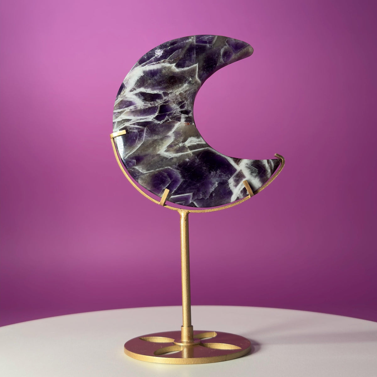 Dream Amethyst Crescent Moon on Gold Metal Stand