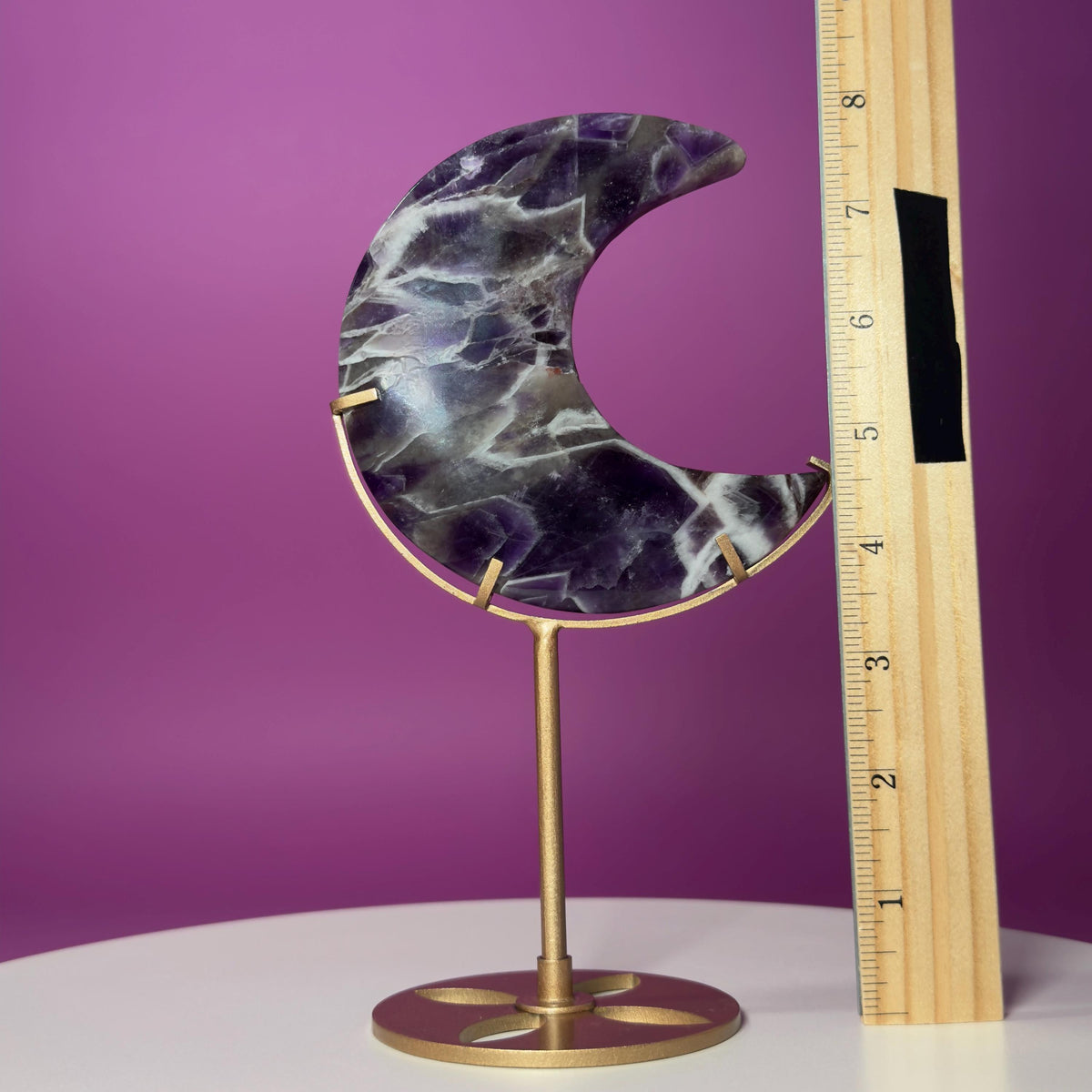 Dream Amethyst Crescent Moon on Gold Metal Stand