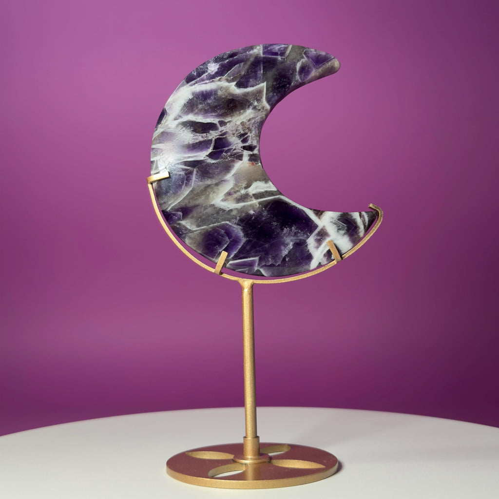 Dream Amethyst Crescent Moon on Gold Metal Stand