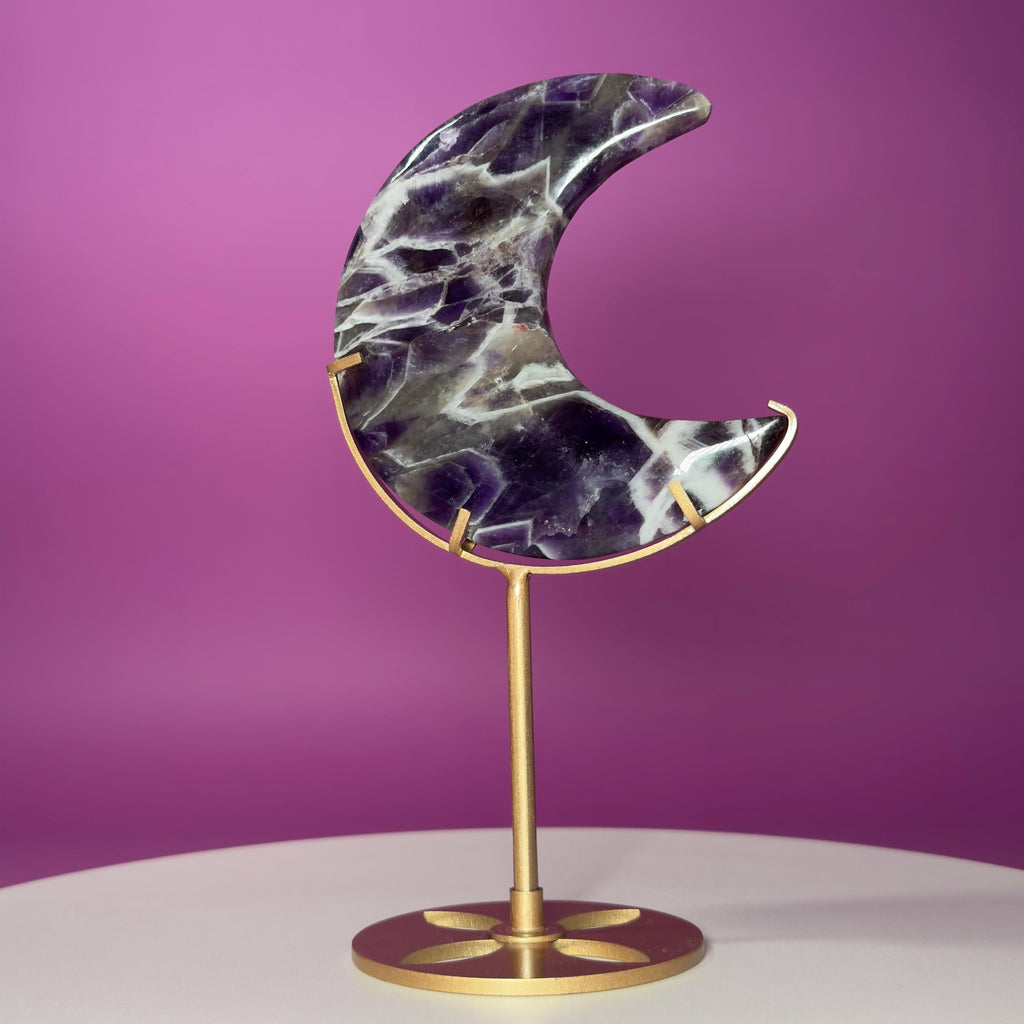 Dream Amethyst Crescent Moon on Gold Metal Stand
